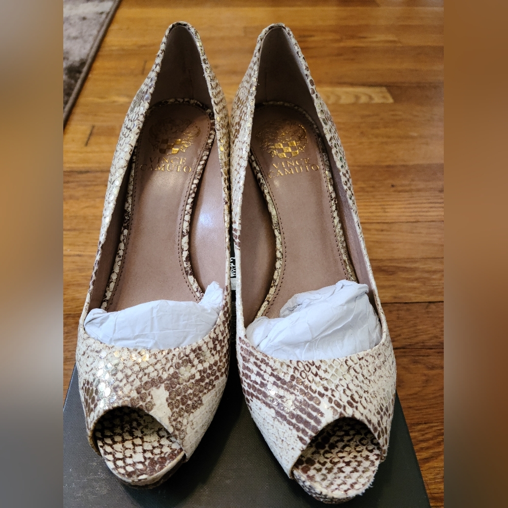Vince Camuto Cream and Brown Snakeskin Peeptoe Heels